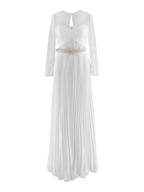 Self Portrait White Lace Pleated Belted Maxi Dress