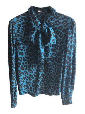 Miu Miu Blue Leopard Print Pussybow Blouse