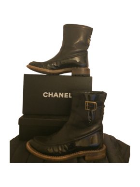 Chanel Black Patent & Smooth Leather Biker Boots