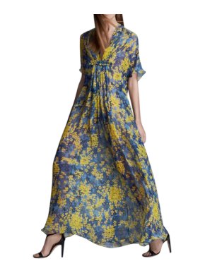 Max Mara Blue & Yellow Floral Silk Chiffon Ruffled Maxi Dress