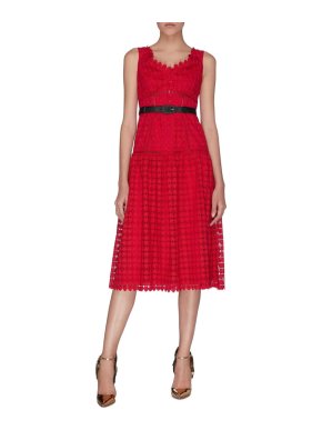 Self Portrait Red Lace Belted Midi Dress