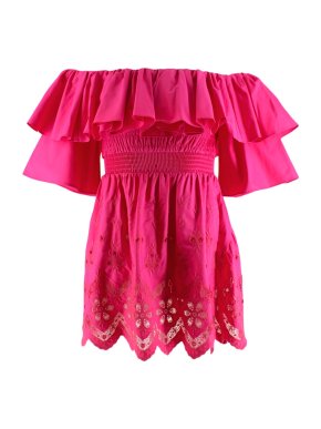 Self Portrait Fuchsia Embroidered Ruffle Off Shoulder Mini Dress