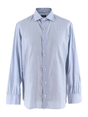 Davino D'avino Blue Pied de Poule Cotton Hand Tailored Long Sleeve Shirt