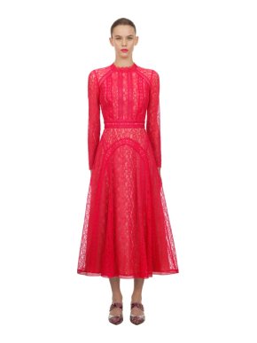 Self Portrait Hot Pink Lace Panel Midi Dress