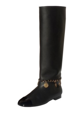 Chanel Black Smooth & Patent Leather Boots with Charm Chain Detail