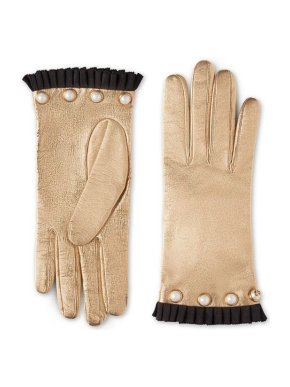 Gucci Gold Leather Gloves with Faux Pearl Trim