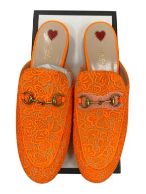 Gucci orange lace princetown slippers