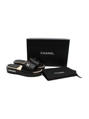 Chanel Black Lambskin Leather Quilted Platform CC Slides