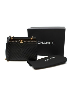Chanel Chevron Lambskin Black Stitched Chain Top Handle Bag