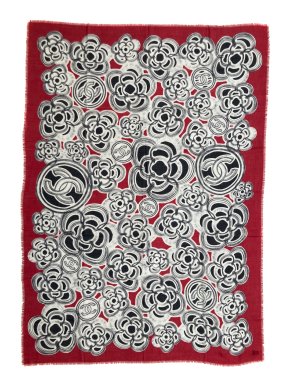 Chanel Red, Ivory & Black Camellia CC Print Cashmere Stole