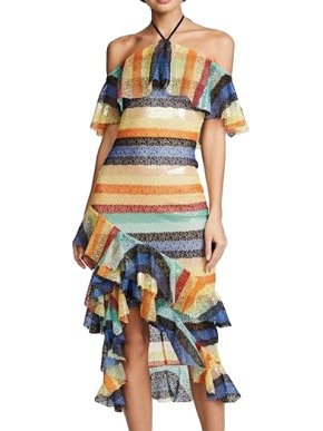 Alice + Olivia Annabeth Striped off Shoulder Asymmetric Dress