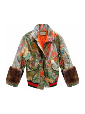 Gucci Khaki Floral Print Mink Trimmed Jacket