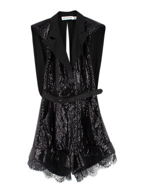 Self Portrait Black Sequin Belted Tailored Playsuit