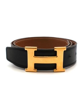 Hermes H Belt Buckle W/ Black & Gold Leather Reversible Strap -  70
