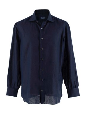 Davino Navy Linen Blend Long Sleeve Hand Tailored Shirt