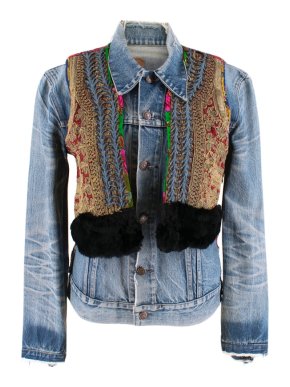 Vintage Denim Distressed Embroidered Vest with Rabbit Fur Trim