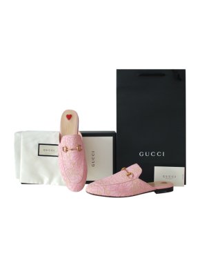 Gucci Pale Pink Lace Princetown Slippers