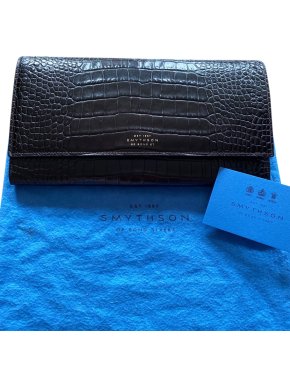 Smythson Croc Embossed Chocolate Brown Travel Wallet