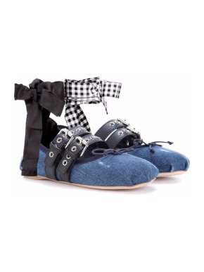 Miu Miu Blue Denim Anklewrap Ballerina Flats
