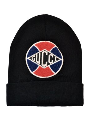 Gucci Black Logo Patch Wool Beanie