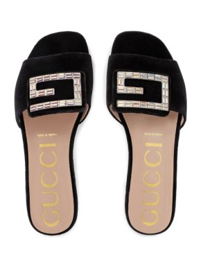 Gucci Black Velvet Slide With Crystal G