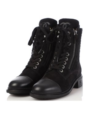 Chanel Black Leather/Suede Lace-Up Ankle Boots