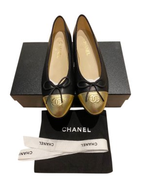 Chanel Black & Gold Cap-Toe Ballerina Flats