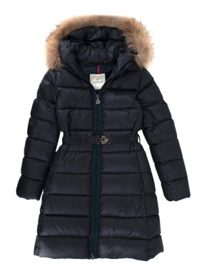 Moncler Kids 12Y Navy Fur Trimmed Belted Down Coat
