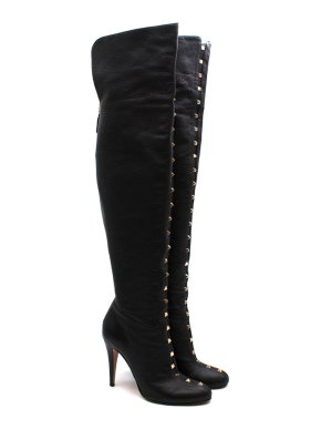 Valentino Black Leather Rockstud OTK Boots