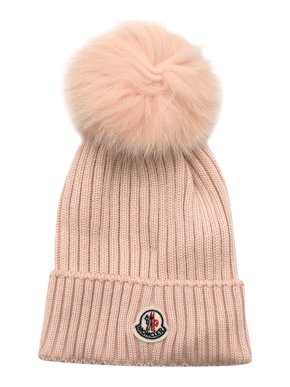 Moncler Pink Wool & Fox Fur Ribbed Knit Beanie