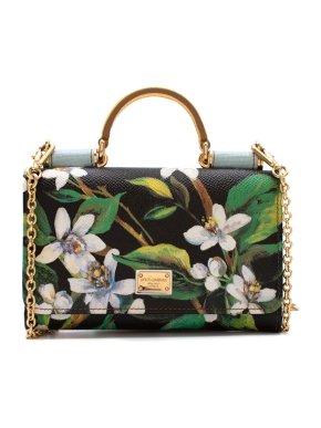 Dolce & Gabbana Black Leather Floral Print Sicily Von Wallet On Chain