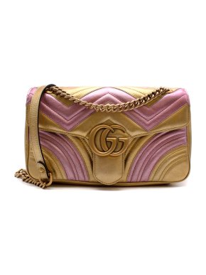 Gucci Gold & Pink Small GG Metallic Marmont Leather Flap Bag