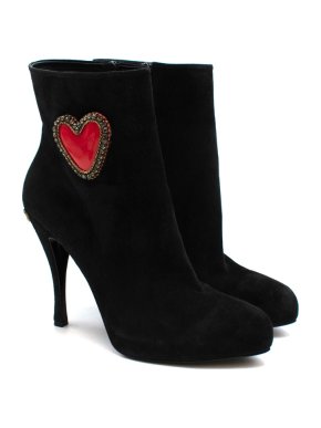 Roger Vivier Black Suede Heart Embroidered Ankle Boots