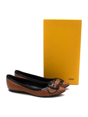 Fendi Brown Leather Buckle Detail Ballerina Flats
