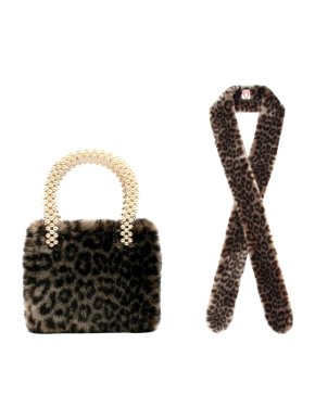 Shrimps Faux Fur Leopard Print Pearl Handle Bag & Scarf
