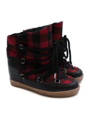 Isabel Marant Red Nowles Leather & Wool Wedge Heel Snow Boots