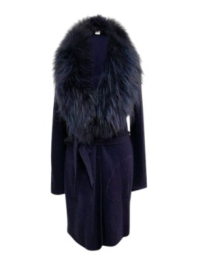 Gerard Darel Merino Wool/Cashmere Cardigan with Raccoon Fur Collar