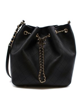 Chanel Black Stitched Calfskin Drawstring Bag