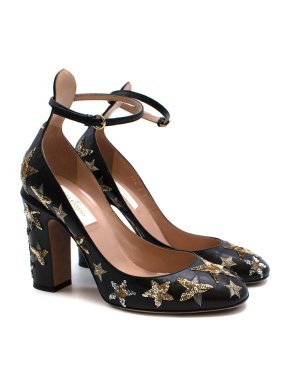 Valentino Black Leather Star Embroidered Ankle Strap Pumps