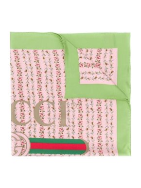 Gucci Green & Pink Floral Print Silk Scarf