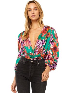 Misa Los Angeles Green Orange & Pink Floral Satin Draped Ari Bodysuit