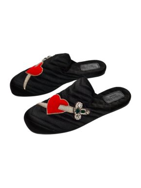 Gucci Princetown Black Satin Heart & Dagger Embroidered Mules