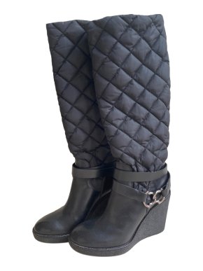 Moncler Black Quilted Nylon Leather Wedge Boots