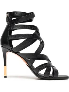 Balmain Black Leather Logo Crossover Strap Sandals
