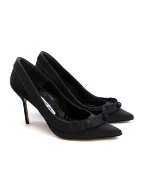 Manolo Blahnik Black Satin Button Strap Detail Pumps