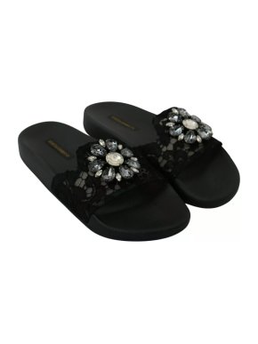 Dolce & Gabbana Black Lace Crystal Embellished Slides