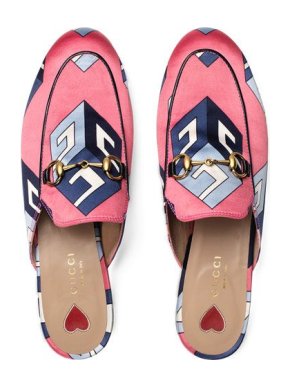 Gucci Pink Satin Geometric Print Princetown Slippers