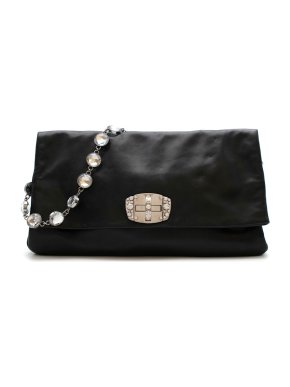 Miu Miu Black Leather Crystal Fold Over Clutch Bag