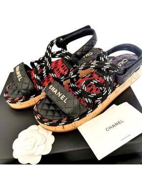 Chanel Black, Red & White Leather Rope Sandals