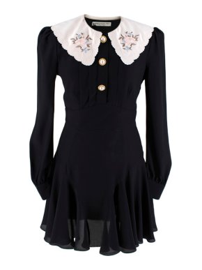 Alessandra Rich Black Long-Sleeved Mini Dress with Embroidered Collar